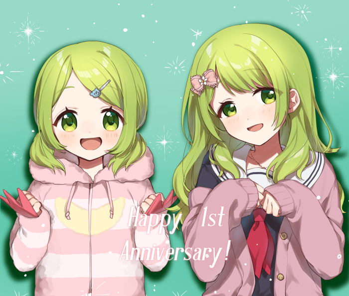 2girls :d anniversary bangs bear_hair_ornament black_shirt blush bow brown_cardigan cardigan drawstring dual_persona eyebrows_visible_through_hair green_background green_eyes green_hair hair_bow hair_ornament hairclip head_tilt hood hood_down hooded_jacket jacket long_hair long_sleeves morinaka_kazaki multiple_girls neckerchief nijisanji open_cardigan open_clothes open_mouth pink_bow red_neckwear sailor_collar school_uniform serafuku shirt sleeves_past_wrists smile striped_jacket swept_bangs upper_body virtual_youtuber white_sailor_collar yamabukiiro