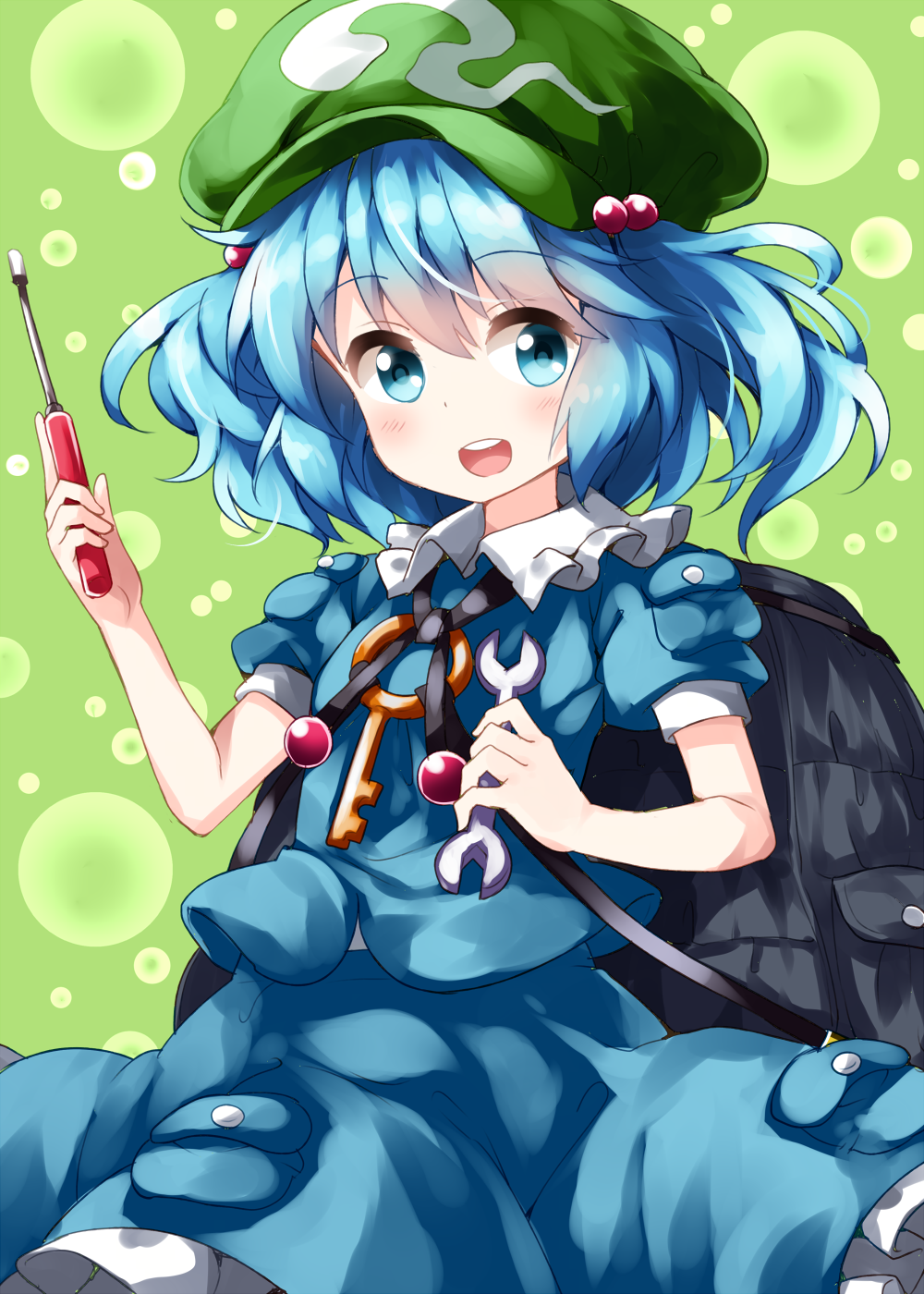 1girl backpack bag bangs blue_eyes blue_hair blue_shirt blue_skirt blush bubble cabbie_hat commentary_request cowboy_shot eyebrows_visible_through_hair frilled_shirt_collar frills green_background green_headwear hair_between_eyes hair_bobbles hair_ornament hand_up hat highres holding holding_wrench kawashiro_nitori key looking_at_viewer open_mouth petticoat pouch ruu_(tksymkw) screwdriver shirt short_hair skirt skirt_set smile solo touhou two_side_up wing_collar wrench