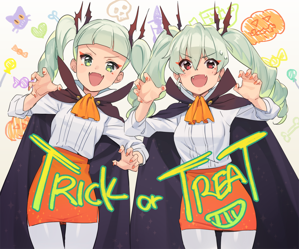 2girls aikatsu! aikatsu!_(series) anchovy bangs bat_hair_ornament black_cape black_ribbon blunt_bangs blush candy cape claw_pose commentary_request cowboy_shot cravat crossover drawing dress_shirt drill_hair english_text eyebrows_visible_through_hair fangs food girls_und_panzer green_eyes green_hair hair_ornament hair_ribbon jack-o'-lantern kamo_kamen leaning_to_the_side long_hair looking_at_viewer miniskirt multiple_girls nail_polish open_mouth orange_neckwear orange_skirt pantyhose pencil_skirt pink_nails red_eyes ribbon shirt skirt skull smile standing toudou_yurika trick_or_treat twin_drills twintails v-shaped_eyebrows white_legwear