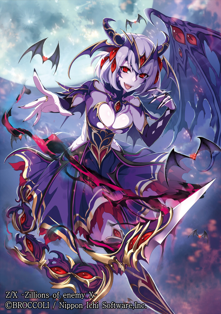 1girl :d bat boots demon_girl demon_horns demon_wings dress extra_eyes eyebrows_visible_through_hair head_wings horns looking_at_viewer moon official_art open_mouth original purple_hair purple_skin red_eyes short_hair single_wing smile solo thigh-highs thigh_boots torn_wings wings z/x zeroshiki_kouichi