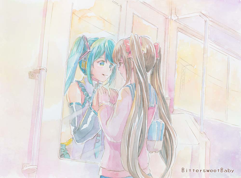 2girls bag blue_eyes blue_hair bow brown_hair detached_sleeves dress eye_contact floating_hair glasses grey_sleeves hair_bow hatsune_miku headphones long_hair long_sleeves looking_at_another mayo_riyo microphone multiple_girls pink_shirt red_bow school_bag shirt sleeveless sleeveless_dress smile standing title traditional_media train_interior twintails very_long_hair vocaloid watercolor_(medium) white_dress