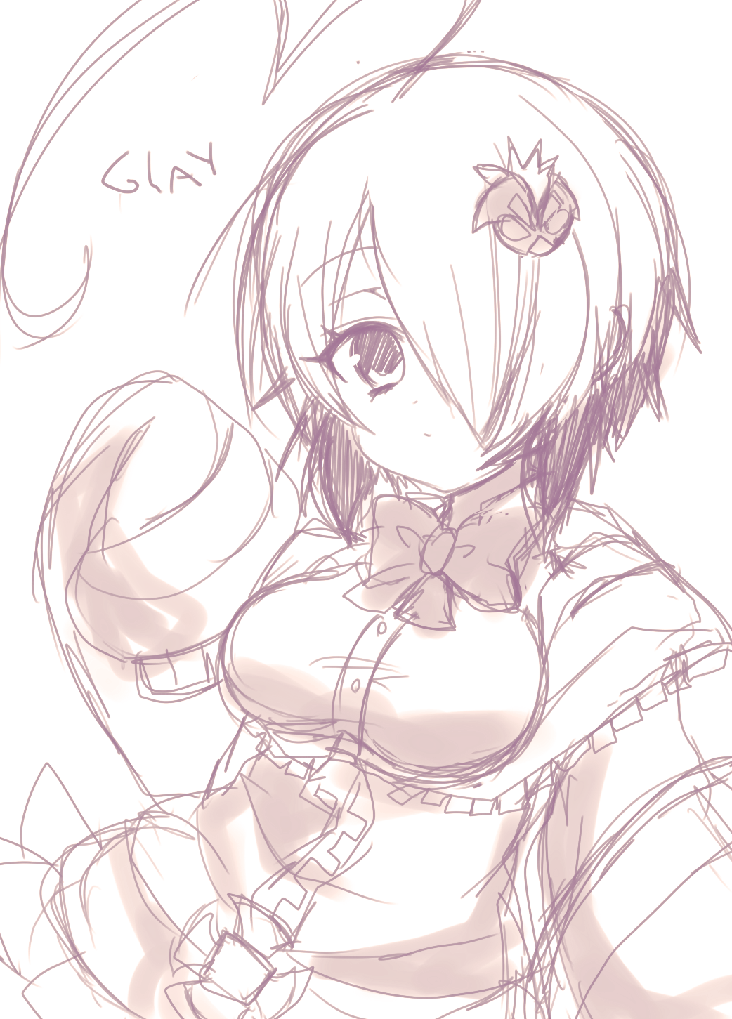 1girl ahoge bombergirl character_name closed_mouth gray_(bombergirl) hair_ornament hair_over_one_eye hairclip highres hood hoodie looking_at_viewer monochrome off_shoulder school_uniform short_hair simple_background sketch sleeves_past_wrists solo upper_body white_background
