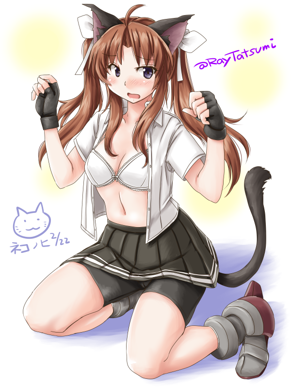 1girl ahoge animal_ears bike_shorts black_eyes black_gloves bra brown_hair cat_ears cat_tail dated fingerless_gloves full_body gloves hair_ribbon kagerou_(kantai_collection) kantai_collection long_hair open_clothes open_shirt paw_pose remodel_(kantai_collection) ribbon shirt short_sleeves shorts shorts_under_skirt solo tail tatsumi_ray twintails twitter_username underwear white_background white_bra white_ribbon white_shirt