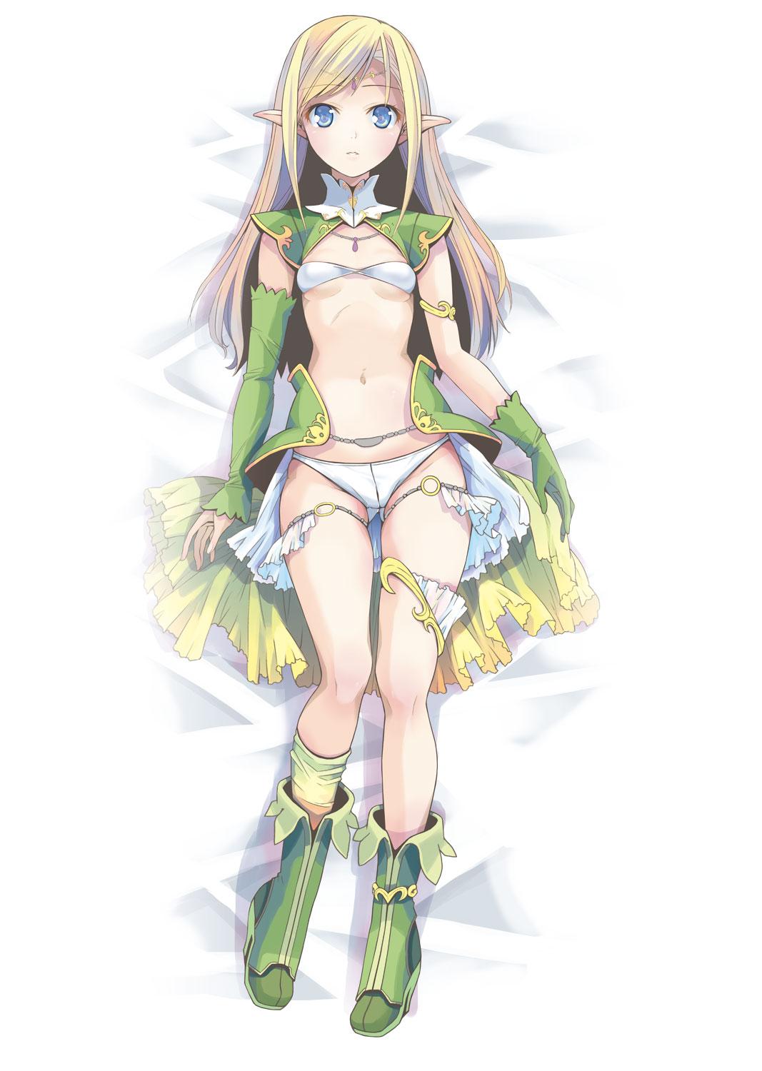 1girl armlet bikini blonde_hair blue_eyes boots breasts character_request circlet copyright_request dakimakura detached_sleeves elf full_body gloves green_footwear green_gloves green_skirt highres jewelry kneehighs long_hair lying navel necklace o-ring on_back pointy_ears pop_(electromagneticwave) showgirl_skirt single_detached_sleeve single_glove single_kneehigh skirt small_breasts solo swimsuit thigh_gap thighlet white_bikini
