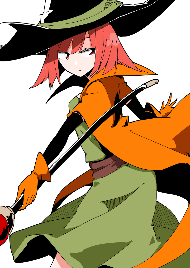 1girl bangs black_headwear cape dragon_quest dragon_quest_iii dress gloves green_dress hat holding holding_staff looking_away looking_to_the_side mage_(dq3) orange_cape orange_gloves red_eyes redhead sash short_hair simple_background solo staff taniya_raku white_background wizard_hat