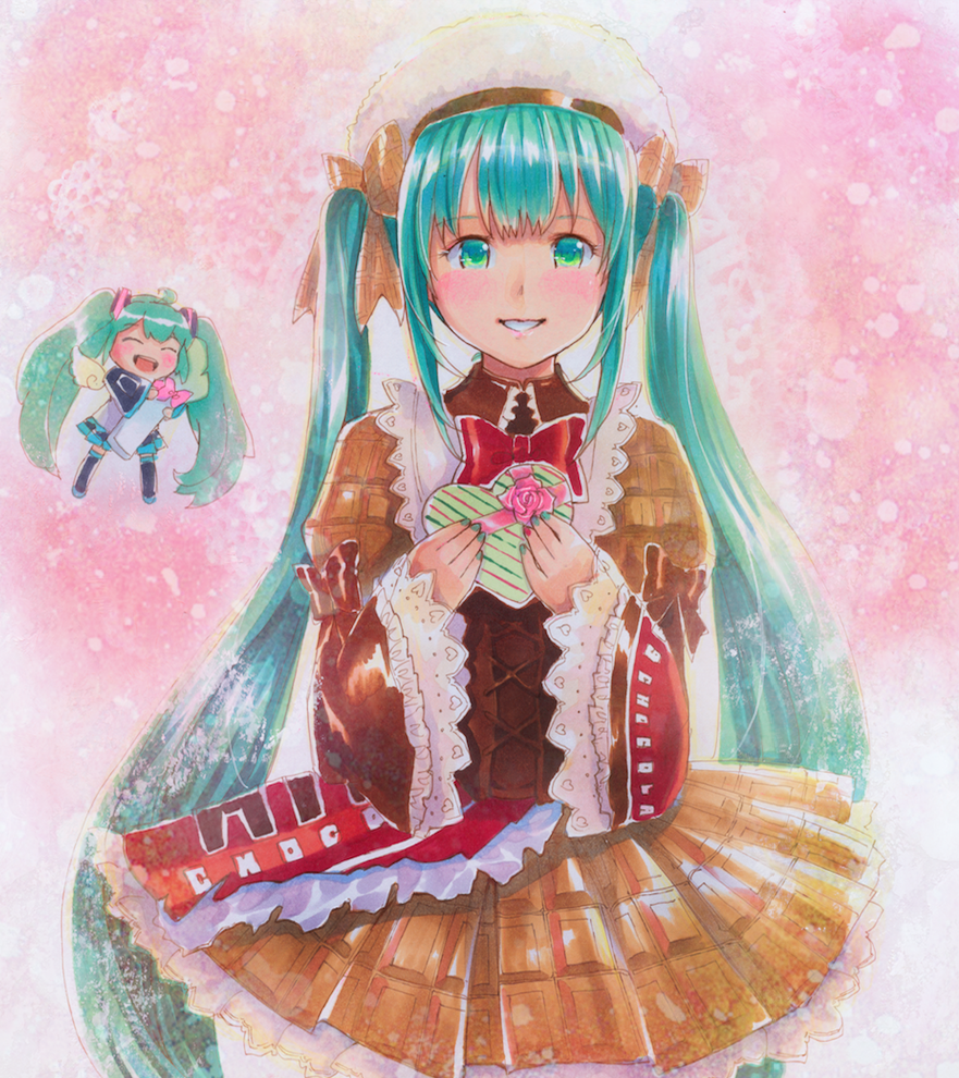 1girl aqua_hair blush bow box brown_bow brown_dress chocolate_bar_print corset cowboy_shot dress floating_hair green_eyes grin hair_bow hat hatsune_miku heart-shaped_box holding holding_box lens_flare long_hair long_sleeves marker_(medium) mayo_riyo pleated_dress print_dress shiny shiny_hair short_dress smile solo standing traditional_media twintails very_long_hair vocaloid white_headwear wide_sleeves