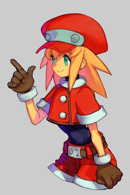 1girl belt blonde_hair brown_gloves cabbie_hat cropped_legs eyebrows_visible_through_hair gloves green_eyes grey_background hankuri hat index_finger_raised long_hair red_headwear red_shorts rockman rockman_dash roll_caskett short_sleeves shorts simple_background solo