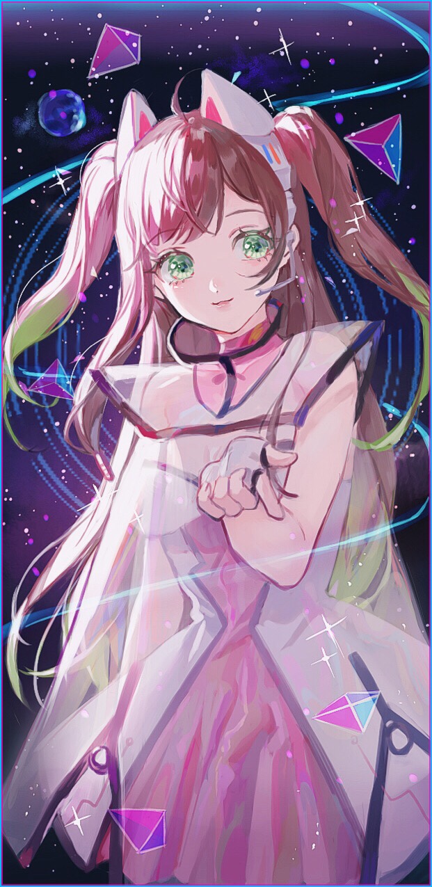 1girl animal_ears breasts brown_hair cat_ears cowboy_shot dress eyebrows_visible_through_hair fake_animal_ears fingerless_gloves gloves green_eyes headset highres long_hair looking_at_viewer maccha_(mochancc) original planet see-through sky sleeveless sleeveless_dress smile solo space sparkle star_(sky) starry_sky strapless strapless_dress tetrahedron twintails white_gloves