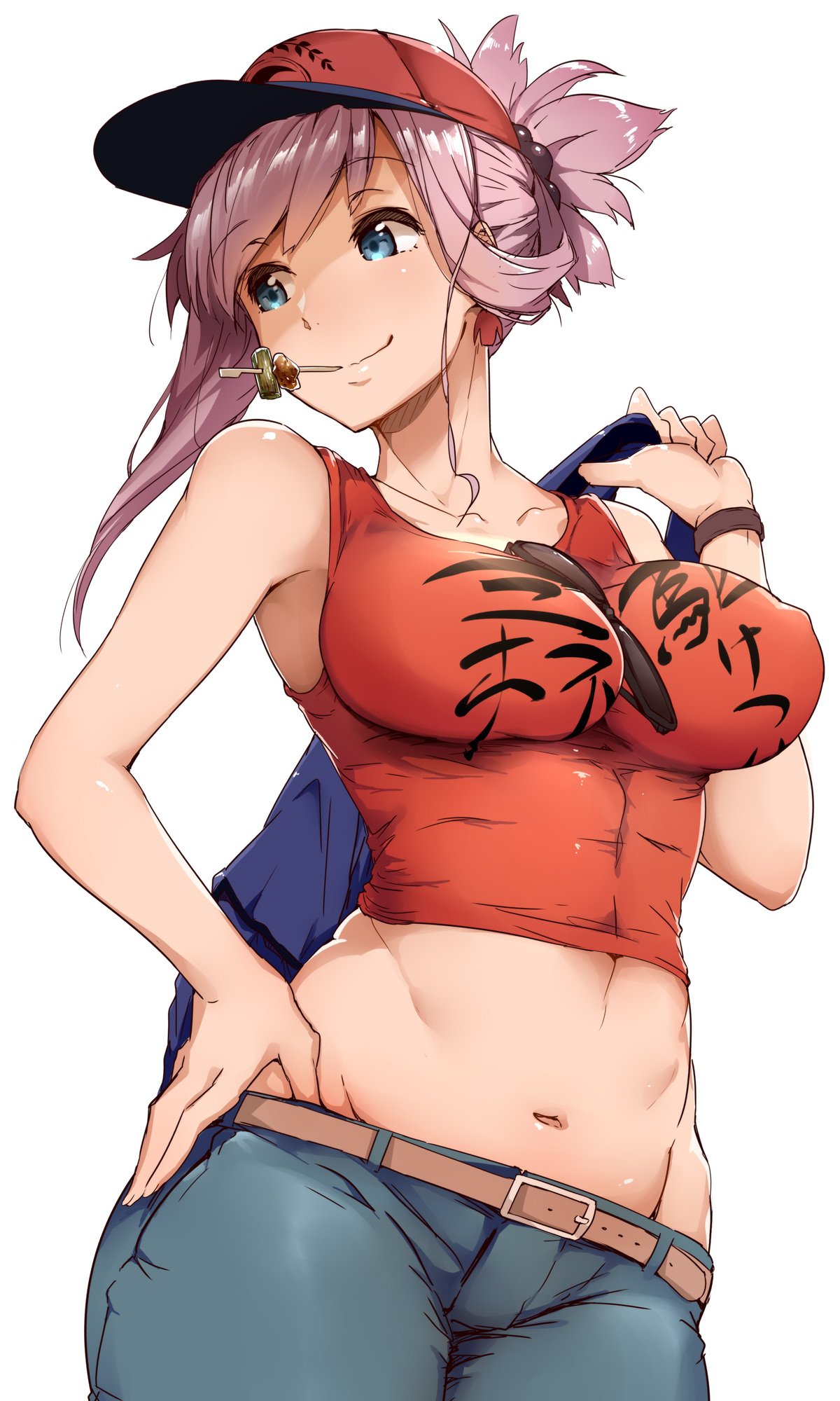 1girl abs asymmetrical_hair backpack bag baseball_cap belt between_breasts blue_eyes breasts chopsticks chopsticks_in_mouth clothes_writing collarbone commentary_request earrings erect_nipples eyewear_removed fate/grand_order fate_(series) hair_ornament hand_on_hip hat heroic_spirit_traveling_outfit highres impossible_clothes jewelry large_breasts looking_to_the_side lowleg lowleg_pants miyamoto_musashi_(fate/grand_order) navel pants pink_hair smile solo tank_top tokiwa_midori_(kyokutou_funamushi) wristband