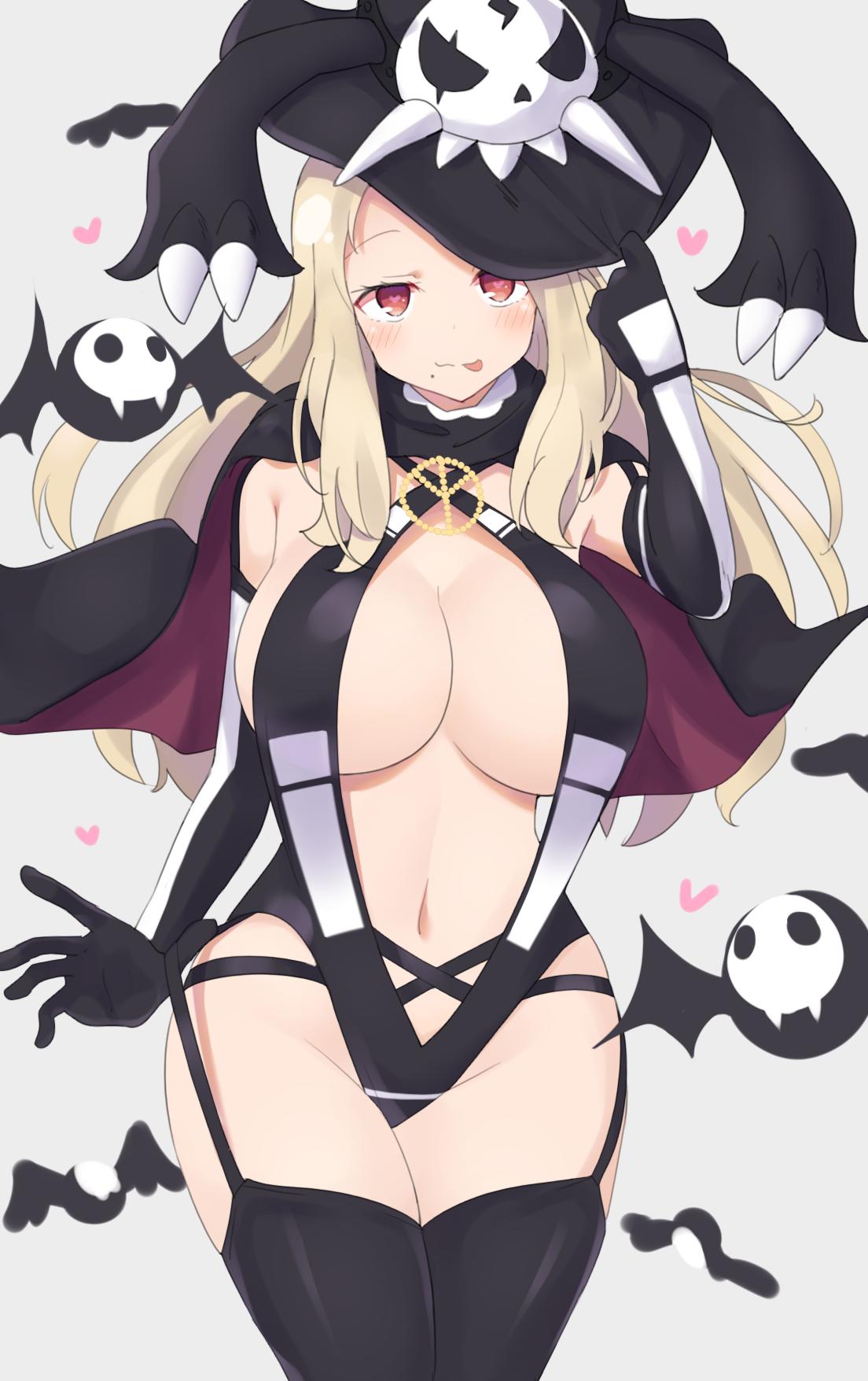 1girl :p adjusting_clothes adjusting_hat bat black_legwear blonde_hair blush breasts cape cowboy_shot elbow_gloves garter_straps gloves hat heart heart-shaped_pupils highres large_breasts long_hair looking_at_viewer mole mole_under_mouth mukuba navel red_eyes revealing_clothes senran_kagura senran_kagura_shinovi_versus shiki_(senran_kagura) smile solo symbol-shaped_pupils thigh-highs tongue tongue_out witch_hat