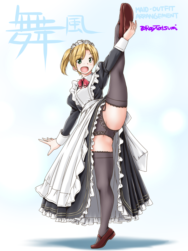 1girl alternate_costume apron asymmetrical_hair black_legwear black_panties blonde_hair blue_background blue_eyes brown_footwear commentary_request dress enmaided eyebrows_visible_through_hair flipped_hair frilled_apron frills full_body gradient gradient_background hair_between_eyes kantai_collection leg_up long_dress long_sleeves looking_at_viewer maid maid_apron maid_headdress maikaze_(kantai_collection) panties ponytail short_ponytail solo split standing standing_on_one_leg standing_split tatsumi_ray thigh-highs twitter_username underwear white_apron wrist_cuffs
