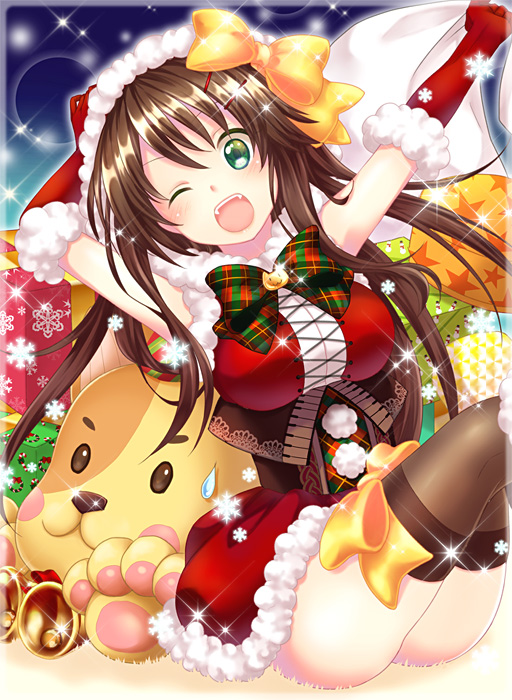 1girl :d arms_up bag bow breasts brown_legwear corset elbow_gloves fur-trimmed_gloves fur-trimmed_skirt fur_hat fur_trim fushamemo gift_bag gloves green_eyes hair_between_eyes hair_bow hat himekawa_yuki holding holding_bag idolmaster idolmaster_cinderella_girls large_breasts looking_at_viewer miniskirt open_mouth outstretched_arm plaid_neckwear red_gloves red_skirt santa_costume sitting skirt smile solo sparkle sweatdrop thigh-highs yellow_bow