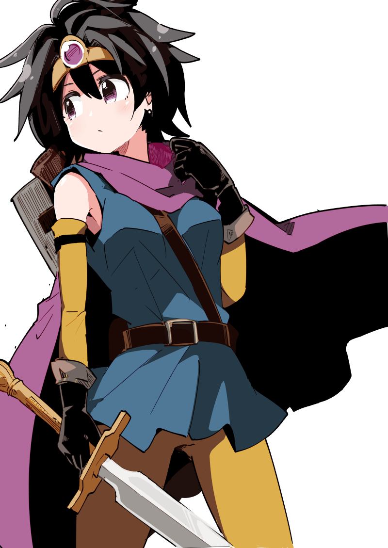 1girl bangs belt black_gloves black_hair blue_dress breasts cape circlet cowboy_shot detached_sleeves dragon_quest dragon_quest_iii dress earrings gem gloves hair_between_eyes hand_up holding holding_sword holding_weapon jewelry legs_apart long_sleeves looking_away looking_to_the_side medium_breasts orange_legwear pantyhose purple_cape roto sheath shield short_dress short_hair simple_background sleeveless sleeveless_dress solo sword taniya_raku violet_eyes weapon white_background