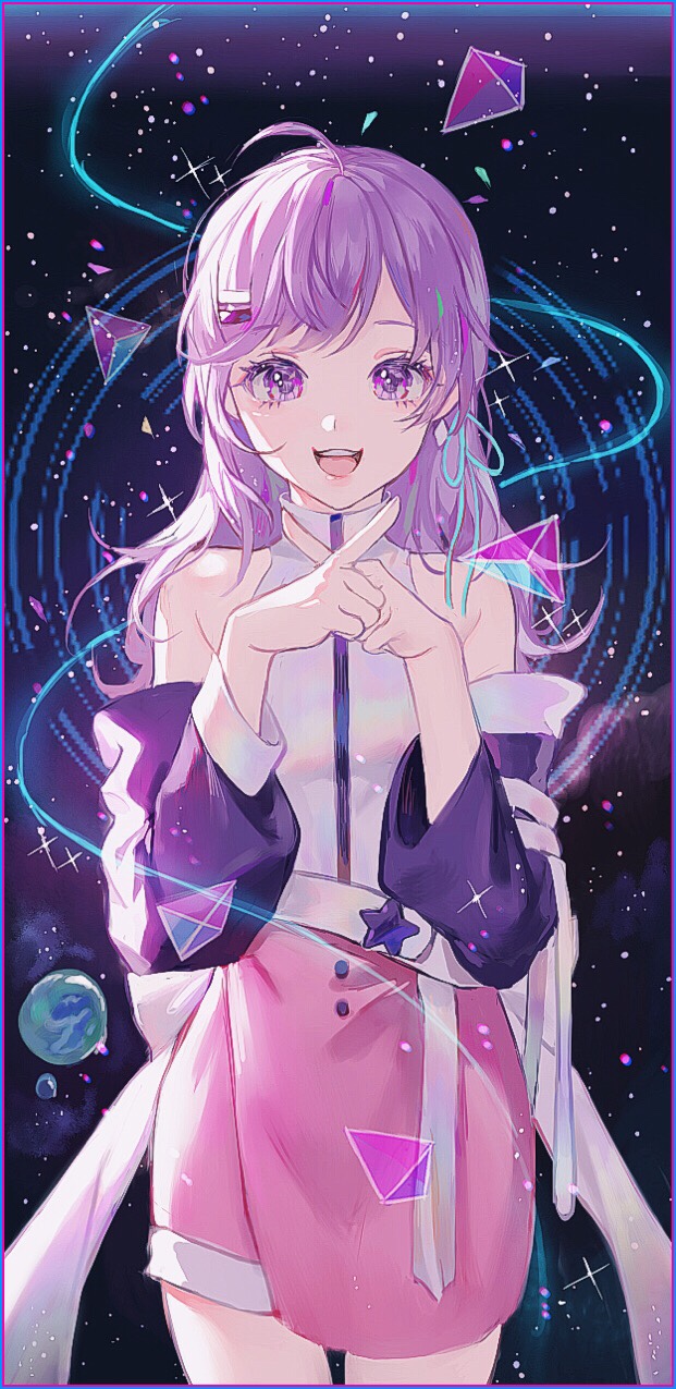 1girl bangs bare_shoulders cowboy_shot detached_sleeves earrings hair_ornament highres index_finger_raised jewelry long_hair long_sleeves maccha_(mochancc) open_mouth original pink_skirt planet purple_hair skirt sky sleeveless smile solo space sparkle star star_(sky) starry_sky tetrahedron violet_eyes