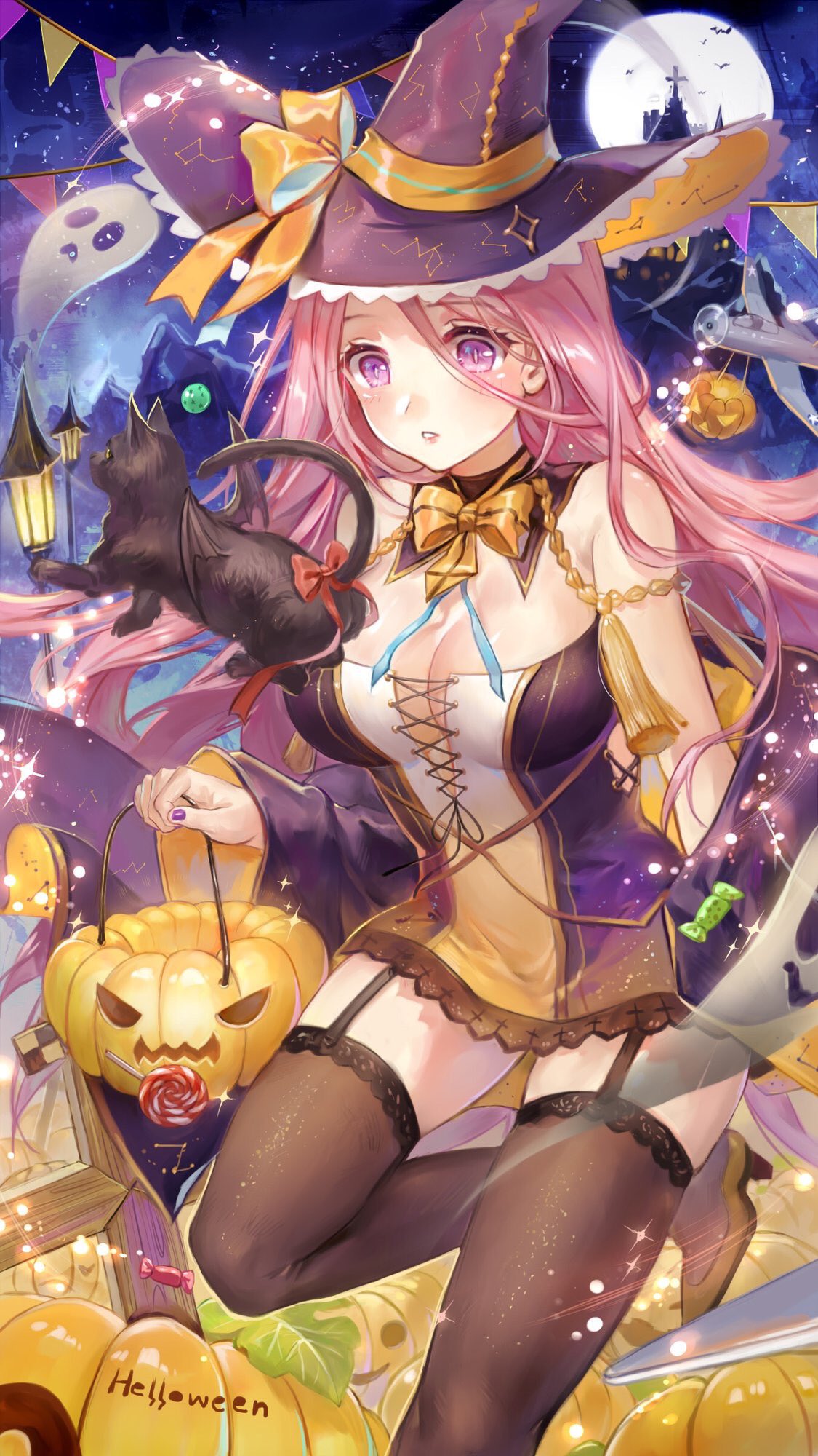 1girl aircraft airplane azur_lane bat bat_wings black_cat black_legwear blush bow breasts candy cat cleavage constellation cookie cowboy_shot dress food ghost hat hat_bow hat_ribbon high_heels highres jack-o'-lantern lamppost leaf lexington_(azur_lane) long_hair maccha_(mochancc) moon nail_polish night night_sky orange_bow orange_ribbon pink_hair pumpkin pun purple_nails red_bow ribbon short_dress sky sleeveless sleeveless_dress solo sparkle strapless strapless_dress thigh-highs violet_eyes wings witch_hat yellow_footwear zettai_ryouiki