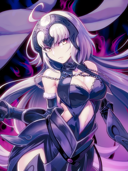 1girl ahoge armor armored_dress black_gloves black_sleeves breasts cleavage detached_sleeves dress fate/grand_order fate_(series) faulds floating_hair frown fur-trimmed_sleeves fur_trim gloves hair_between_eyes hakka_(88hk88) head_tilt headpiece jeanne_d'arc_(alter)_(fate) jeanne_d'arc_(fate)_(all) long_hair long_sleeves looking_at_viewer medium_breasts midriff navel navel_cutout shiny shiny_skin silver_hair sleeveless sleeveless_dress solo standing stomach very_long_hair yellow_eyes