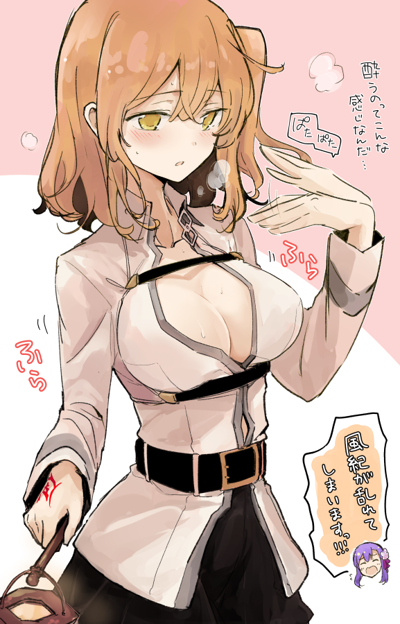 1girl belt black_belt black_skirt blush breasts chaldea_uniform cleavage_cutout collarbone commentary_request eyebrows_visible_through_hair fate/grand_order fate_(series) fujimaru_ritsuka_(female) hair_between_eyes holding imacrown jacket large_breasts long_sleeves medium_hair one_side_up open_clothes open_jacket orange_eyes orange_hair side_ponytail skirt speech_bubble steam tattoo translation_request