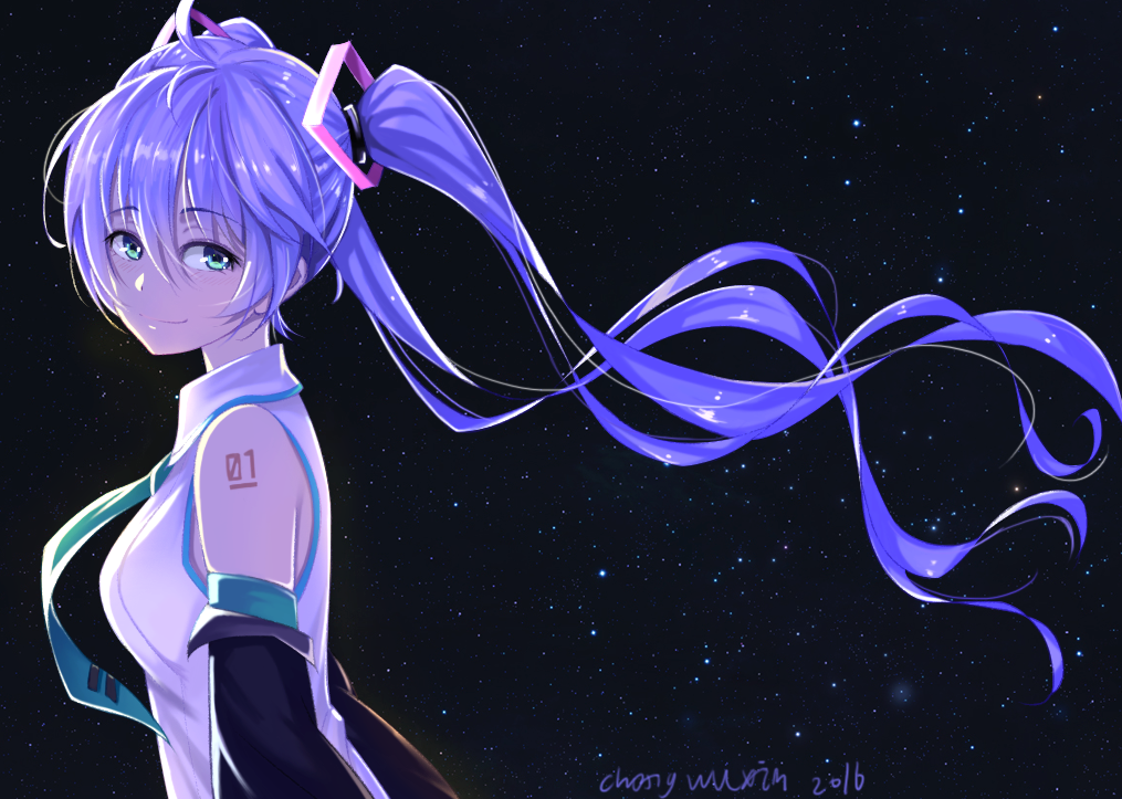 1girl 2016 black_sleeves blue_hair chong_wuxin collared_shirt detached_sleeves eyebrows_visible_through_hair floating_hair from_side green_eyes green_neckwear hair_between_eyes hatsune_miku long_hair long_sleeves looking_at_viewer necktie shiny shiny_hair shirt sky sleeveless sleeveless_shirt smile solo star_(sky) starry_sky twintails upper_body very_long_hair vocaloid white_shirt wing_collar