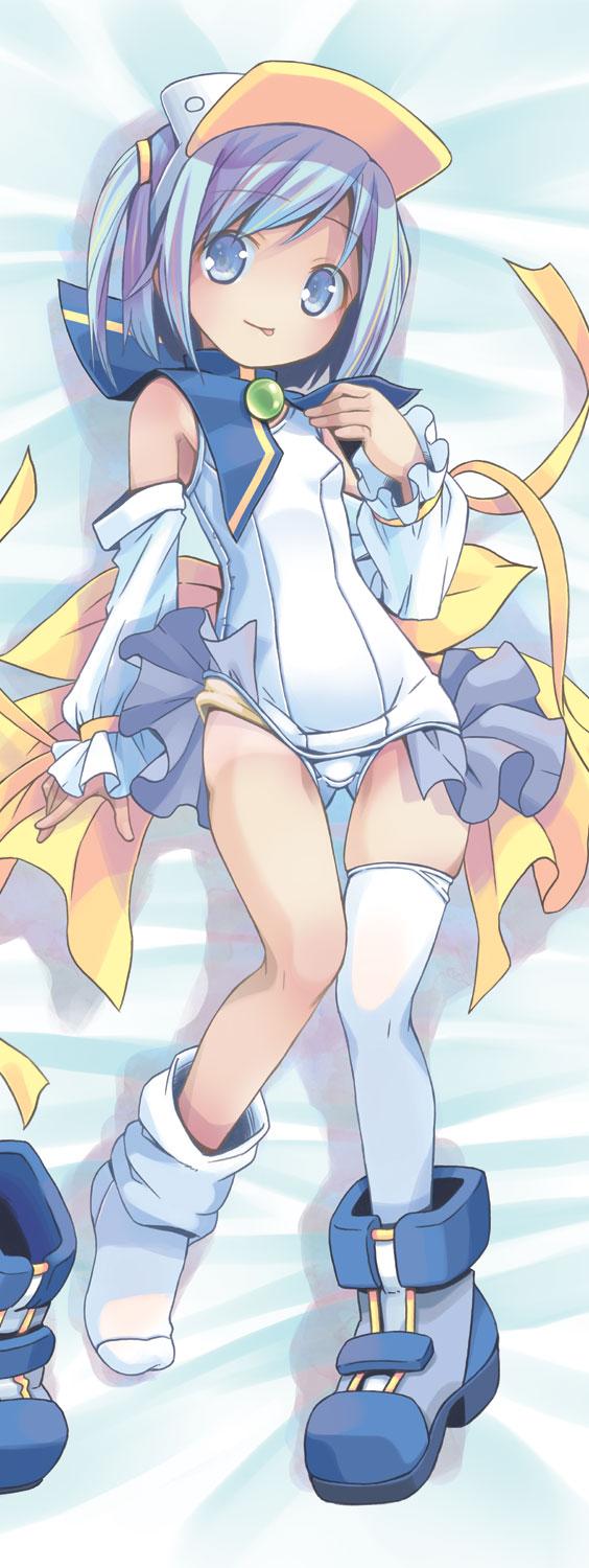 1girl :p blue_eyes blue_footwear blue_hair boots dakimakura detached_sleeves footwear_removed full_body hat highres loose_thighhigh lying magical_girl moetan nijihara_ink on_back one-piece_swimsuit pastel_ink pop_(electromagneticwave) school_swimsuit short_hair single_boot smile solo swimsuit thigh-highs thigh_gap tongue tongue_out two_side_up visor_cap white_legwear white_school_swimsuit white_swimsuit