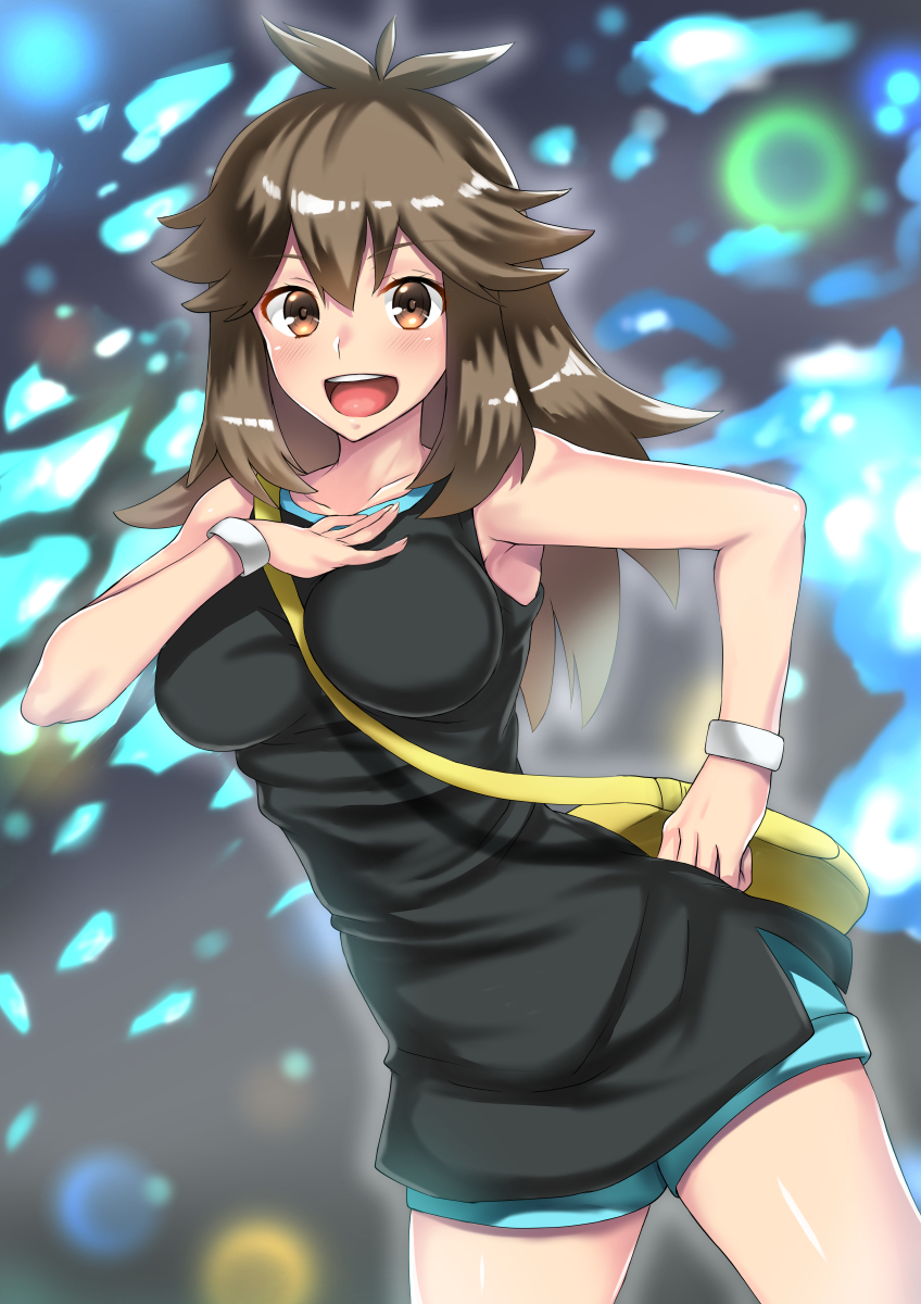1girl :d bag bangs bare_arms bare_shoulders between_breasts blue_(pokemon) blue_shorts blush bracelet breasts brown_eyes brown_hair commentary_request creatures_(company) game_freak hair_between_eyes hair_flaps hand_on_hip hand_on_own_chest highres impossible_clothes jewelry long_hair looking_at_viewer medium_breasts nintendo open_mouth pokemon pokemon_(game) pokemon_lgpe short_shorts shorts sleeveless smile solo standing strap_between_breasts takecha