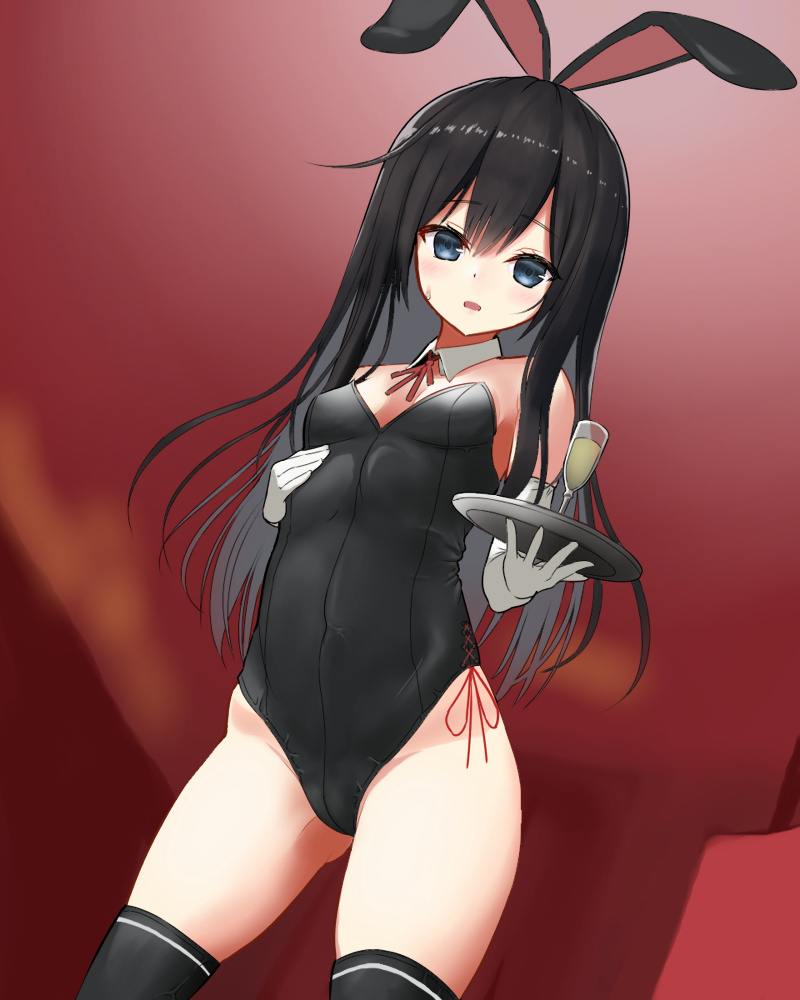 1boy alternate_costume animal_ears asashio_(kantai_collection) ass_visible_through_thighs bangs bare_shoulders black_hair black_legwear black_leotard blue_eyes blurry blurry_background blush breasts bunnysuit champagne_flute covered_navel cup detached_collar drinking_glass elbow_gloves eyebrows_visible_through_hair fake_animal_ears gloves holding holding_tray indoors kantai_collection kuronaga leotard looking_at_viewer looking_back rabbit_ears red_ribbon ribbon side-tie_leotard small_breasts smile straight_hair strapless strapless_leotard sweat thigh-highs tray white_gloves