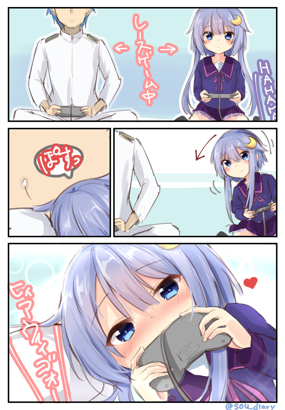 1boy 1girl admiral_(kantai_collection) bangs blue_eyes blush comic commentary_request crescent crescent_hair_ornament hair_between_eyes hair_ornament heart highres holding_game_controller kantai_collection long_sleeves military military_uniform naval_uniform playing_games purple_hair school_uniform serafuku short_hair_with_long_locks sitting sou_(soutennkouchi) twitter_username uniform yayoi_(kantai_collection)