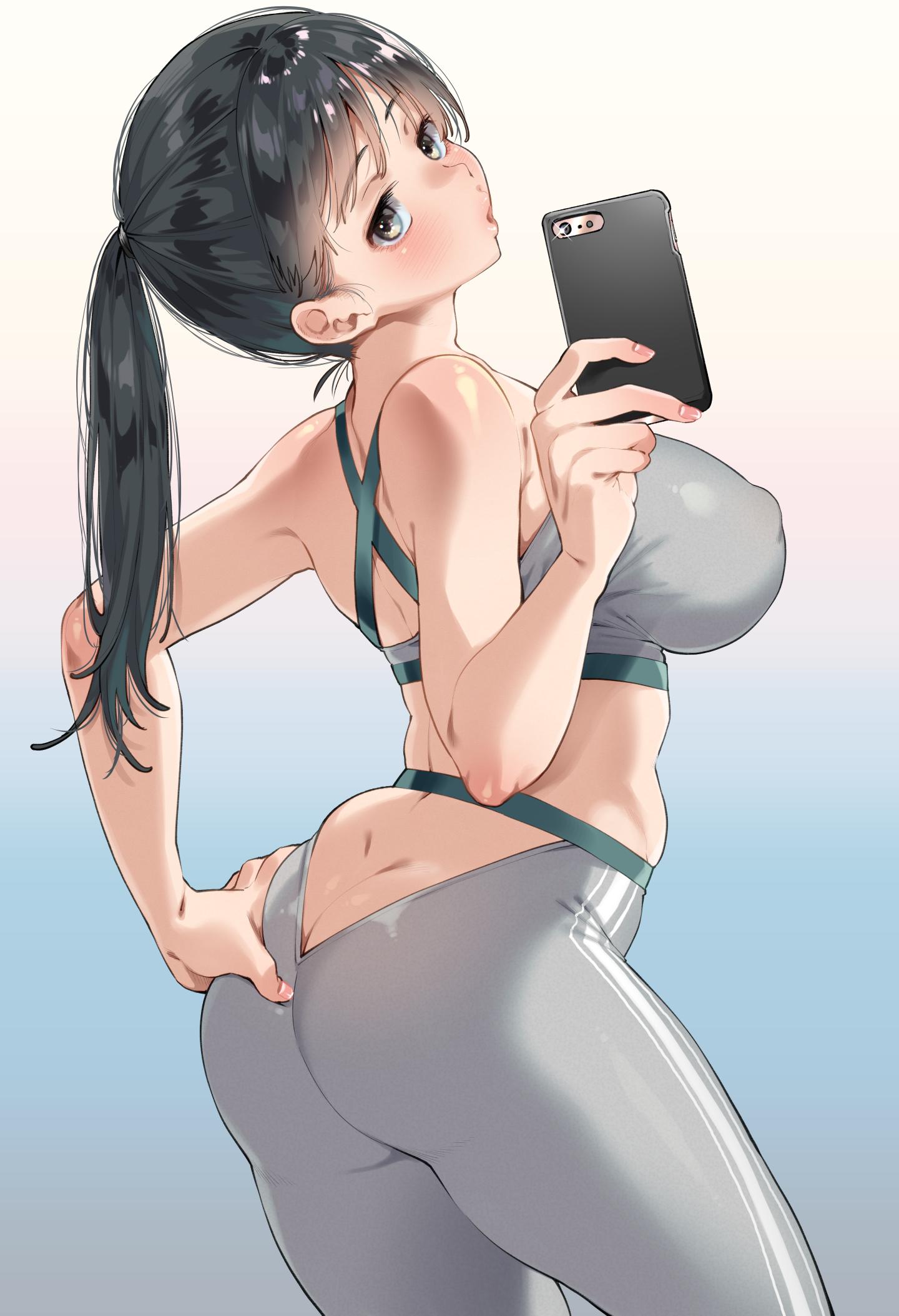 1girl ass bangs bare_arms bare_shoulders black_hair blush breasts brown_eyes butt_crack cellphone commentary_request covered_nipples dimples_of_venus fingernails gradient gradient_background hand_on_own_ass highres holding karasuma_yayoi large_breasts lips long_hair looking_at_viewer looking_back midriff original pants parted_lips phone shiny shiny_clothes shiny_hair shiny_skin simple_background skin_tight solo spandex tank_top