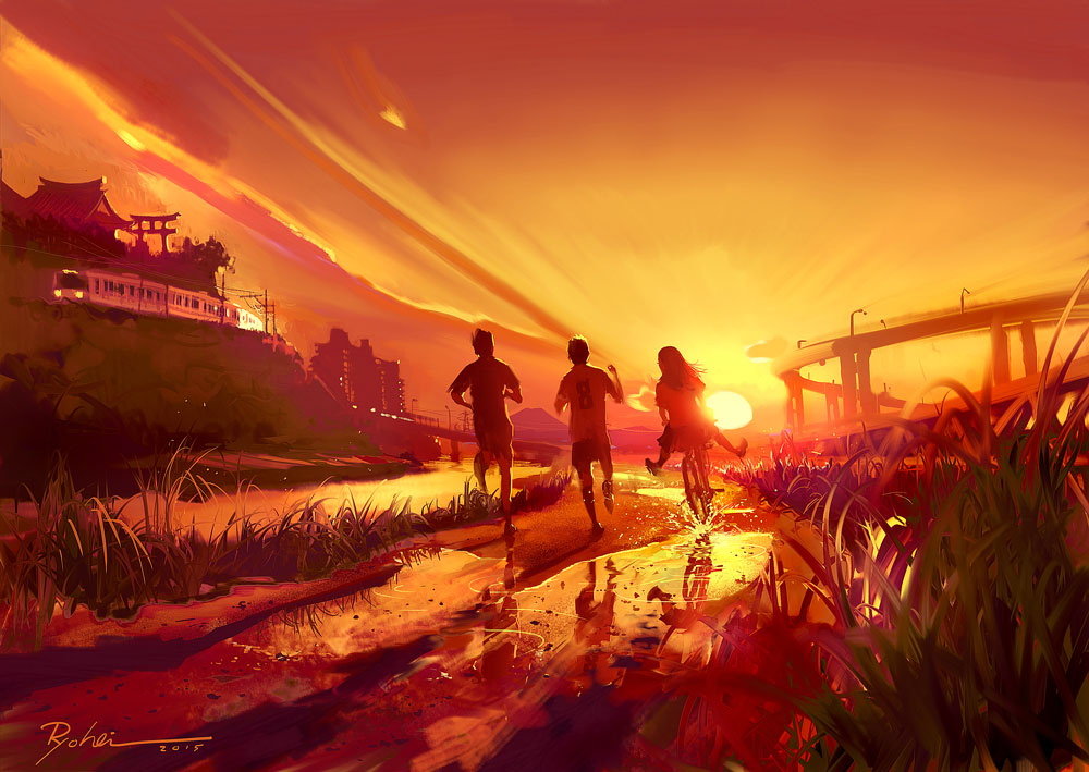 1girl 2boys architecture bicycle clouds dated east_asian_architecture from_behind grass ground_vehicle long_hair multiple_boys orange_sky original outdoors power_lines puddle running scenery school_uniform shirt shorts signature skirt sky splashing sunset t-shirt torii train yashitama