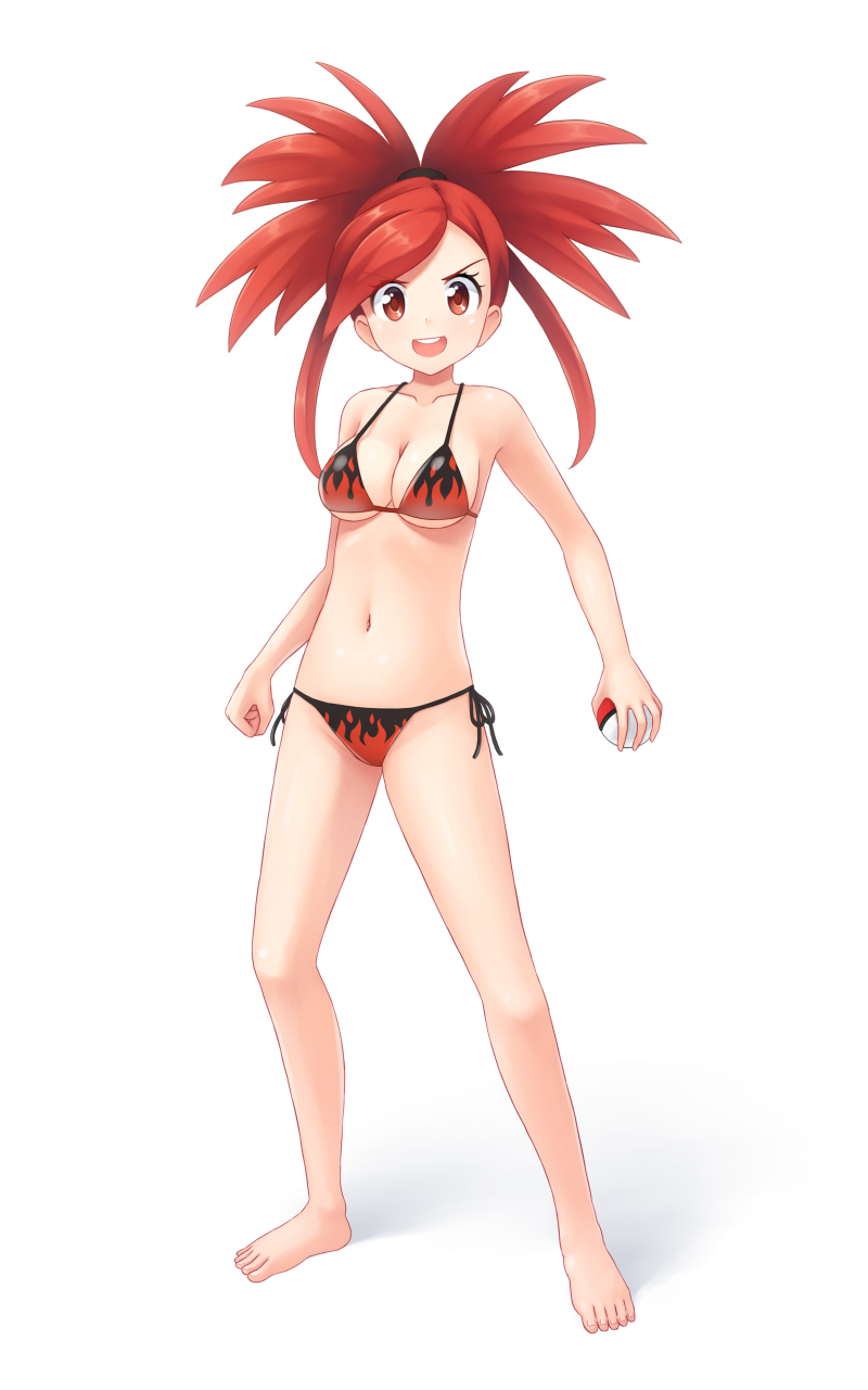 1girl aposine asuna_(pokemon) barefoot bikini breasts creatures_(company) flame_print full_body game_freak gym_leader highres holding holding_poke_ball long_hair looking_at_viewer medium_breasts midriff navel nintendo open_mouth poke_ball pokemon pokemon_(game) pokemon_rse red_eyes redhead side-tie_bikini simple_background smile solo standing swimsuit white_background