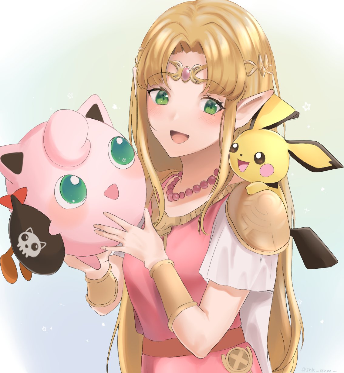 1girl 2others blonde_hair blush bomb bomber_(kirby) bracer circlet creatures_(company) earrings forehead_jewel game_freak gen_1_pokemon gen_2_pokemon green_eyes highres hoshi_no_kirby jewelry jigglypuff nintendo pichu pointy_ears pokemon pokemon_(creature) princess_zelda simple_background smile snk_anm sora_(company) super_smash_bros. super_smash_bros._ultimate super_smash_bros_melee the_legend_of_zelda the_legend_of_zelda:_a_link_between_worlds tiara triforce