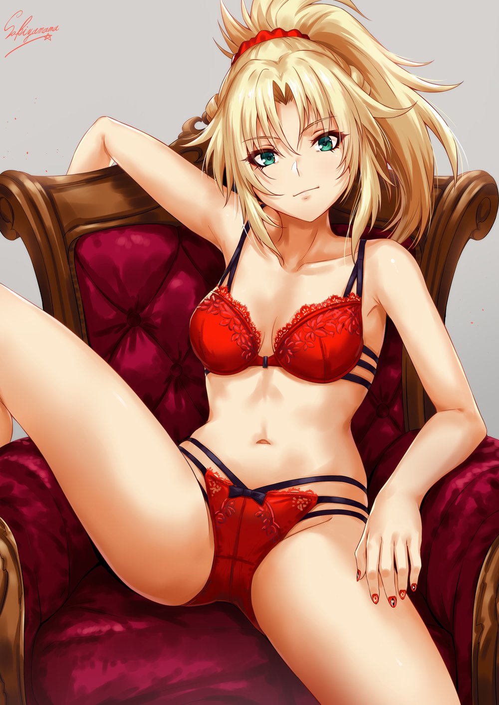 1girl arm_rest bangs blonde_hair bra breasts chair collarbone commentary_request earrings eyebrows_visible_through_hair fate/grand_order fate_(series) green_eyes grey_background hair_ornament highres jewelry knee_up long_hair looking_at_viewer mordred_(fate) mordred_(fate)_(all) multi-strapped_bra multi-strapped_panties nail_art nail_polish navel panties parted_bangs ponytail red_bra red_nails red_panties ribbon-trimmed_panties sakiyamama sidelocks signature simple_background skindentation sleeve_cuffs small_breasts solo spread_legs stomach underwear