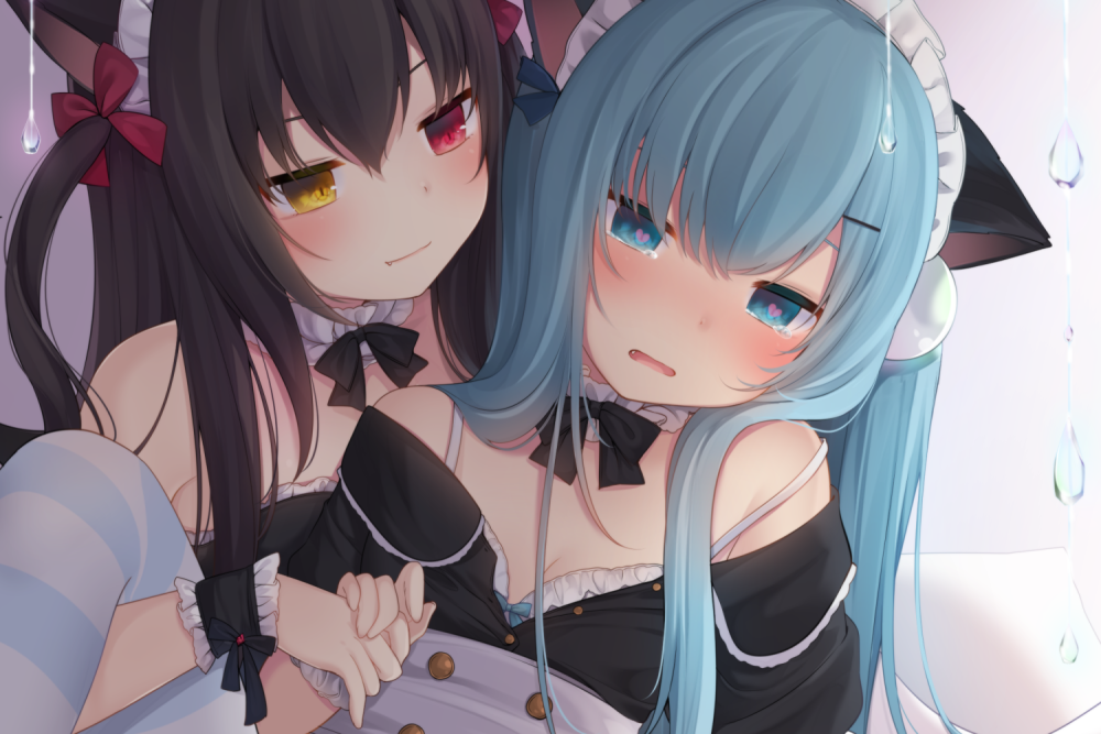 2girls amashiro_natsuki animal_ears bangs black_shirt blue_eyes blue_hair blush bow bow_bra bra breasts brown_hair cat_ears closed_mouth commentary_request eyebrows_visible_through_hair fang fang_out hair_between_eyes heart heart-shaped_pupils heterochromia long_hair multiple_girls off_shoulder one_side_up original out-of-frame_censoring parted_lips red_eyes shirt small_breasts smile striped striped_legwear symbol-shaped_pupils tears thigh-highs underwear very_long_hair white_bra wrist_cuffs yellow_eyes