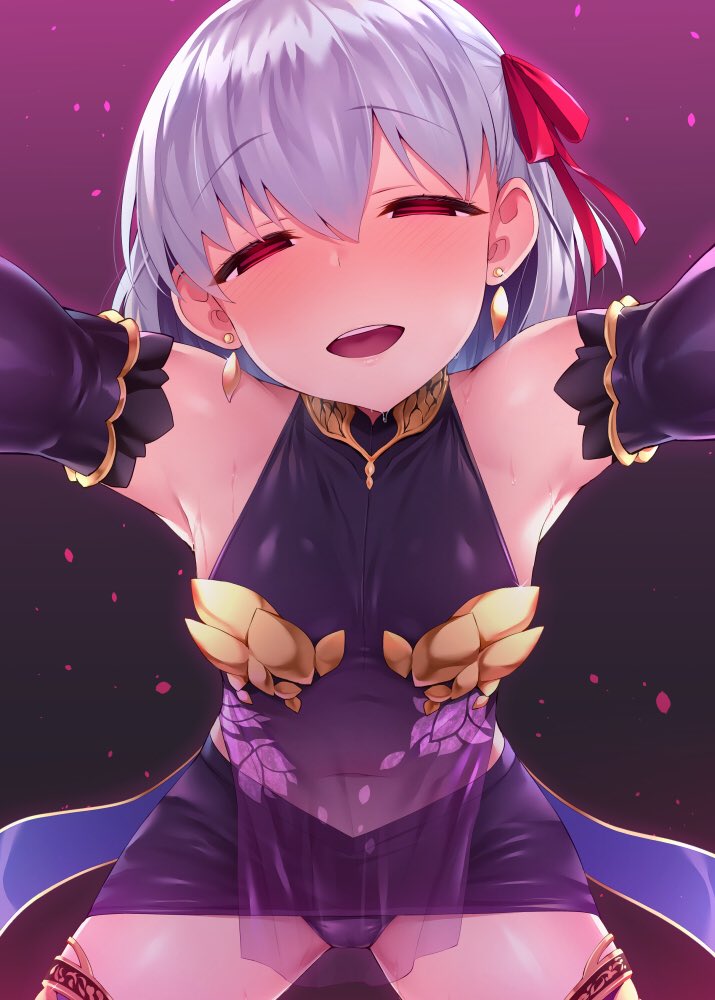 1girl armpits bangs bare_shoulders blush breasts commentary_request detached_sleeves dress earrings eyebrows_visible_through_hair fate/grand_order fate_(series) hair_between_eyes hair_ornament hair_ribbon half-closed_eyes jewelry kama_(fate/grand_order) looking_at_viewer navel panties purple_dress purple_panties red_eyes red_ribbon ribbon satou_kuuki see-through short_hair silver_hair simple_background sleeveless sleeveless_dress small_breasts smile solo standing thigh-highs underwear upper_teeth white_hair