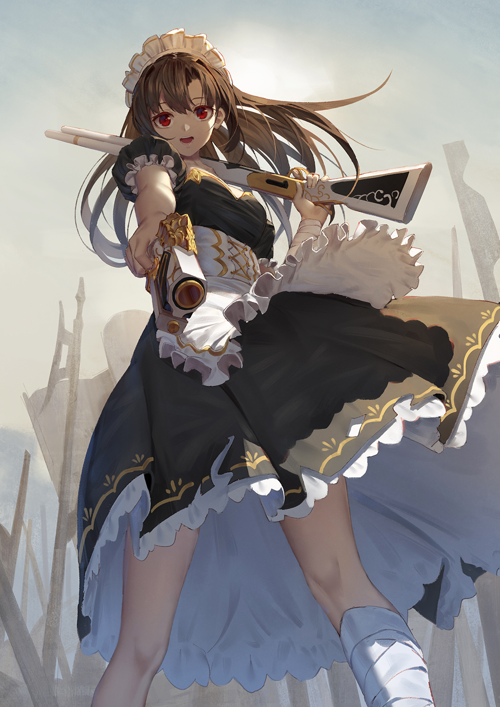 1girl aiming_at_viewer apron bandage bandaged_arm bandaged_leg bandages black_dress breasts brown_hair commentary_request day dress feet_out_of_frame frilled_dress frilled_sleeves frills from_below gun highres holding holding_gun holding_weapon ji_dao_ji long_hair looking_at_viewer looking_down maid maid_headdress medium_breasts original outdoors planted_weapon puffy_short_sleeves puffy_sleeves red_eyes short_sleeves solo standing waist_apron weapon weapon_request white_apron