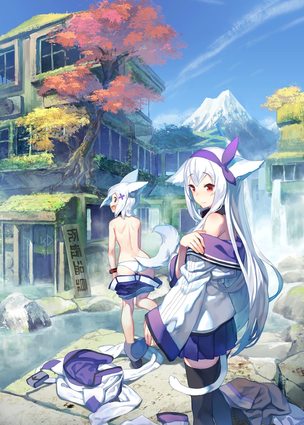 2girls animal_ears back black_legwear blue_sky building closed_mouth commentary hair_between_eyes hair_ornament hair_tie hairclip highres izumi_sai long_hair long_sleeves looking_at_another looking_back moss mountain multiple_girls onsen open_mouth original outdoors panties pleated_skirt purple_skirt red_eyes rock ruins shirt shoulders sign skirt sky smile tail thigh-highs tree twilight_(izumi_sai) underwear undressing water waterfall white_hair white_panties white_shirt wide_sleeves x_hair_ornament zettai_ryouiki