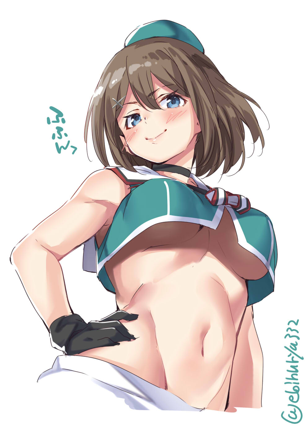 1girl animal_ears bangs beret black_gloves blue_eyes blush breasts brown_hair closed_mouth commentary_request cow_ears crop_top ebifurya eyebrows_visible_through_hair gloves groin hair_between_eyes hair_ornament hairclip hand_on_hip hat highres kantai_collection looking_at_viewer maya_(kantai_collection) medium_breasts midriff mini_hat navel no_bra red_ribbon remodel_(kantai_collection) ribbon sailor_collar short_hair simple_background skirt sleeveless smile smug solo twitter_username under_boob white_background x_hair_ornament