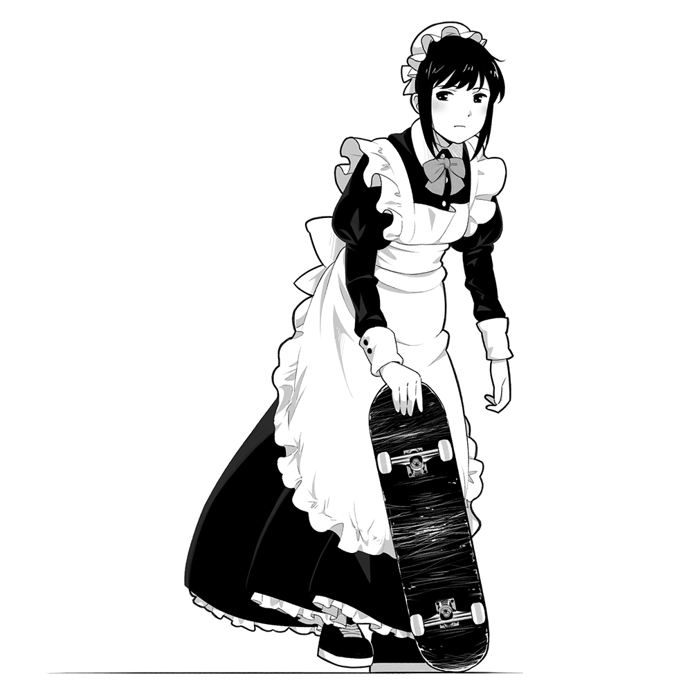 1girl apron blush commentary_request dress frills full_body greyscale holding holding_skateboard long_dress long_sleeves looking_at_viewer maid maid_apron maid_headdress monochrome original puffy_sleeves shoes short_hair sidelocks simple_background skateboard sneakers solo standing suzushiro_(suzushiro333) white_background wrist_cuffs