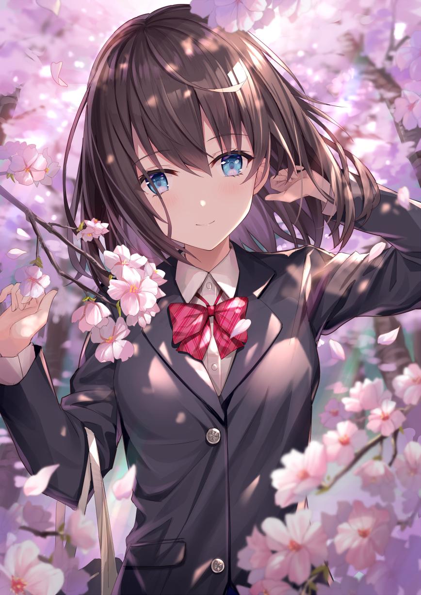 1girl bag bangs blue_eyes blue_jacket blush bow bowtie breasts brown_hair cherry_blossoms closed_mouth collared_shirt day floating_hair hair_between_eyes hands_up head_tilt highres jacket long_hair looking_at_viewer medium_breasts original outdoors petals red_neckwear rin_yuu school_bag school_uniform shirt sidelocks smile solo upper_body white_shirt wind