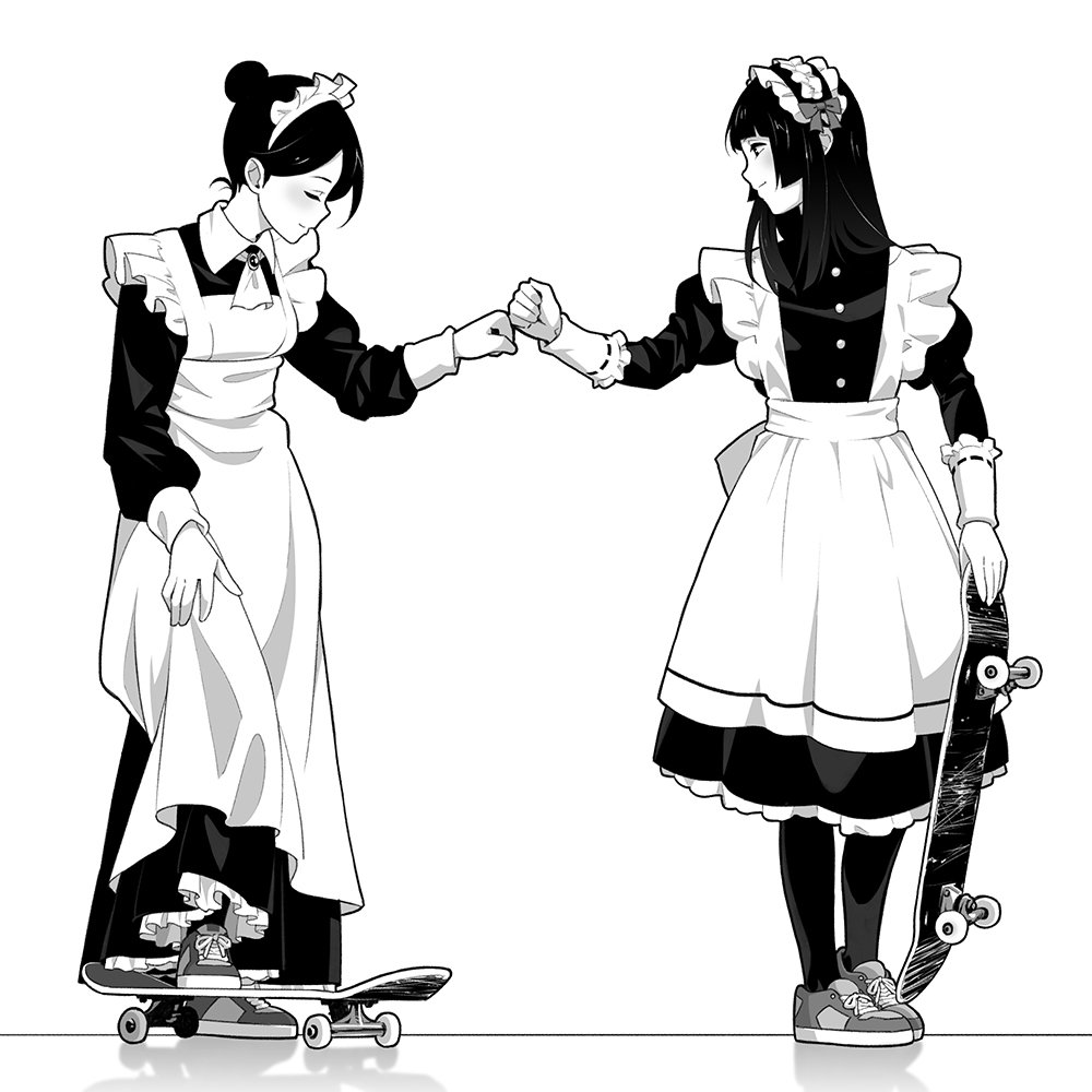 2girls apron closed_eyes commentary_request dress fist_bump frills full_body greyscale hair_bun holding holding_skateboard long_dress long_sleeves looking_at_another maid maid_apron maid_headdress monochrome multiple_girls original shoes simple_background skateboard sneakers standing suzushiro_(suzushiro333) white_background