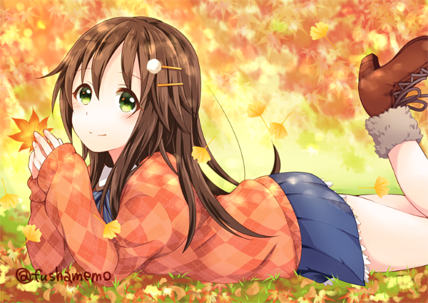 1girl argyle argyle_sweater autumn_leaves blue_ribbon blue_skirt boots brown_footwear brown_hair frilled_skirt frills from_side fur_boots fushamemo green_eyes hair_between_eyes hair_ornament hairclip himekawa_yuki idolmaster idolmaster_cinderella_girls leaf long_hair long_sleeves looking_at_viewer lying maple_leaf miniskirt neck_ribbon on_stomach orange_sweater pleated_skirt ribbon skirt smile solo sweater twitter_username