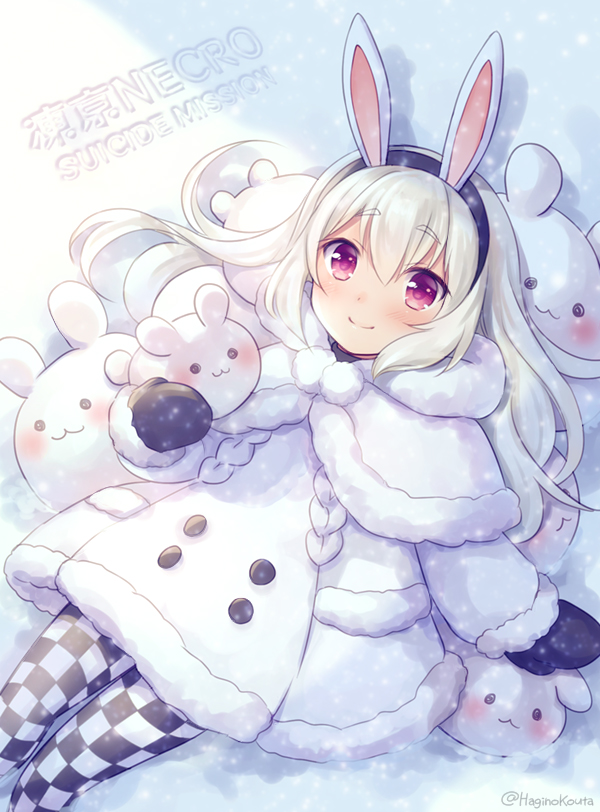 1girl :3 animal animal_ears bangs black_hairband black_mittens blush capelet checkered checkered_legwear closed_mouth commentary_request copyright_request dress eyebrows_visible_through_hair fur-trimmed_capelet fur-trimmed_dress fur-trimmed_sleeves fur_trim hagino_kouta hair_between_eyes hairband long_hair long_sleeves looking_at_viewer mittens pantyhose rabbit rabbit_ears red_eyes smile snow snowing solo very_long_hair white_capelet white_dress white_hair