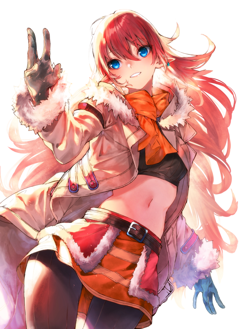 1girl bangs belt black_shirt blue_eyes blue_gloves breasts brown_belt brown_coat brown_legwear coat commentary_request cowboy_shot crop_top earrings eyebrows_visible_through_hair fur-trimmed_coat fur_collar fur_trim gloves grin hair_between_eyes hand_up head_tilt highres jewelry kuwashima_rein long_hair long_sleeves looking_away midriff miniskirt navel open_clothes open_coat orange_scarf orange_skirt pantyhose pocket pointy_ears redhead rune_factory rune_factory_3 scarf shirt simple_background skirt small_breasts smile solo standing toona trench_coat very_long_hair white_background