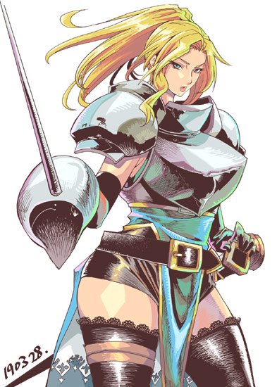 1girl armor belt black_gloves black_legwear blonde_hair blue_eyes breastplate breasts charlotte_christine_de_colde cowboy_shot dated gloves hand_on_sheath holding holding_sword holding_weapon long_hair looking_at_viewer pauldrons rapier samurai_spirits sata_furi sheath simple_background snk solo standing sword thigh-highs weapon white_background