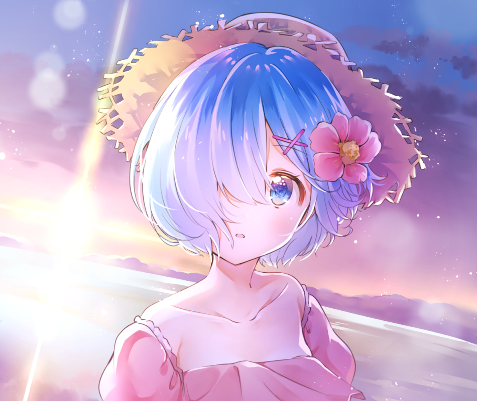 1girl alternate_costume bare_shoulders blue_eyes blue_hair collarbone flower hair_flower hair_ornament hair_over_one_eye hat melings_(aot2846) ocean re:zero_kara_hajimeru_isekai_seikatsu rem_(re:zero) solo straw_hat sun sunset upper_body x_hair_ornament