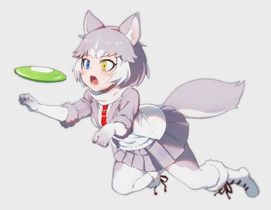 1girl animal_ear_fluff animal_ears blue_eyes boots dog_(mixed_breed)_(kemono_friends) dog_ears dog_tail elbow_gloves eyebrows_visible_through_hair fangs frisbee fur_trim gloves grey_hair harness heterochromia jacket jumping kemono_friends midair multicolored_hair nyifu open_mouth pantyhose paw_pose pleated_skirt scarf short_hair short_sleeves skirt solo sweater tail white_hair yellow_eyes