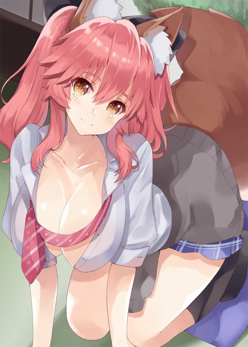 1girl all_fours alternate_costume animal_ear_fluff animal_ears blush breasts cleavage clothes_around_waist collarbone fate/extella fate/extra fate/grand_order fate_(series) fox_ears fox_girl fox_tail huge_breasts indoors jacket_around_waist long_hair looking_at_viewer pink_hair school_uniform shirt skirt smile solo tail tamamo_(fate)_(all) tamamo_jk_(fate) twintails unbuttoned yellow_eyes yuzu-aki