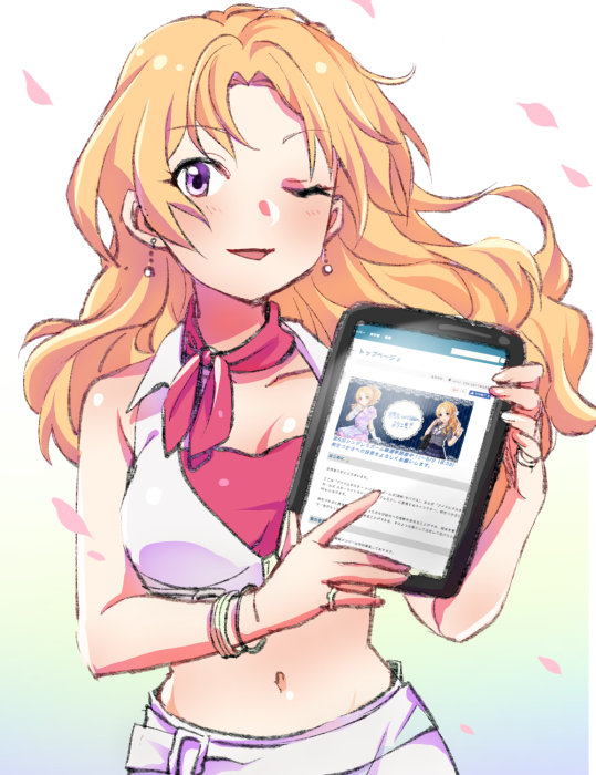 1girl ;d blonde_hair bracelet breasts cleavage earrings eyebrows_visible_through_hair gradient gradient_background holding holding_tablet_pc idolmaster idolmaster_cinderella_girls jewelry kakitsubata_zero kiryuu_tsukasa_(idolmaster) long_hair looking_at_viewer medium_breasts navel neck_ring one_eye_closed open_mouth petals ring smile solo tablet_pc violet_eyes