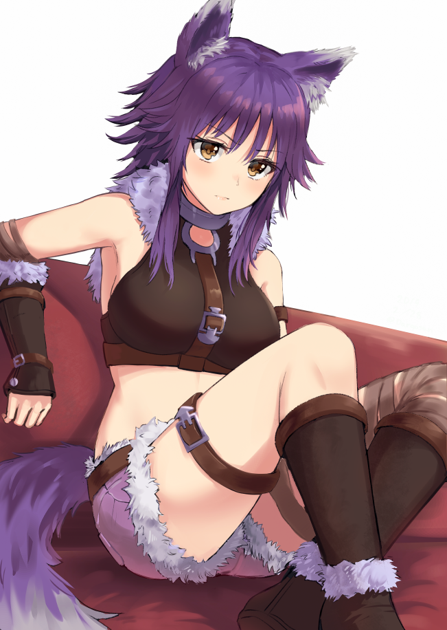 1girl aki_makoto animal_ears armpits bandage bandaged_leg bandages bare_shoulders black_shirt blush boots breasts brown_eyes brown_footwear closed_mouth crop_top dargo frown fur_collar fur_trim gauntlets knee_boots knees_up large_breasts leg_belt long_hair looking_at_viewer midriff princess_connect! princess_connect!_re:dive purple_hair shirt short_shorts shorts sitting sleeveless sleeveless_shirt solo tail v-shaped_eyebrows wolf_ears wolf_tail