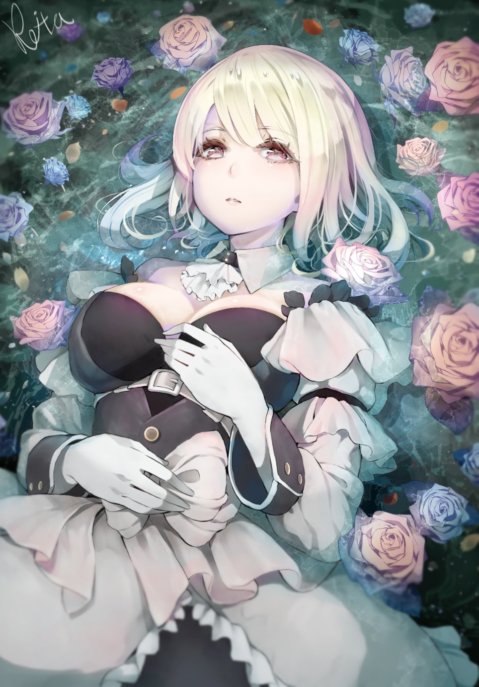 1girl ascot bangs bare_shoulders belt belt_buckle black_dress blonde_hair blue_flower blue_rose breasts buckle collar commentary_request detached_collar dress elbow_gloves eyebrows_visible_through_hair flower frills gloves hair_between_eyes hand_up highres hoshizaki_reita long_sleeves looking_at_viewer lying medium_breasts on_back original parted_lips petals pink_flower pink_rose red_eyes rose shallow_water signature solo water white_belt white_collar white_gloves white_neckwear wing_collar