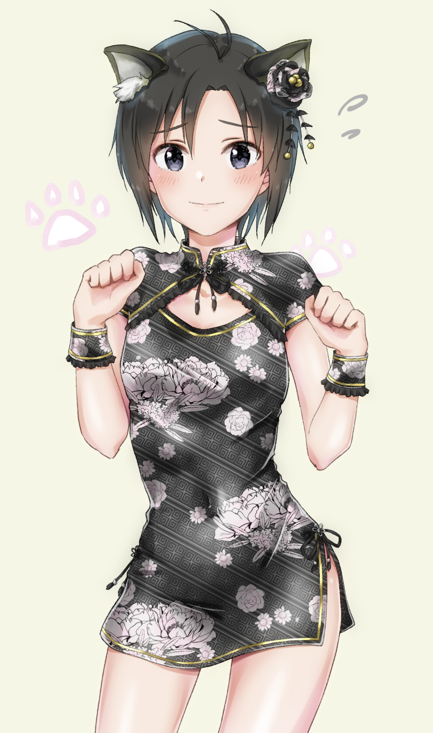 1girl animal_ears antenna_hair black_dress black_eyes black_hair blush cat_ears china_dress chinese_clothes cleavage_cutout collarbone covered_navel cowboy_shot dress floral_print hair_between_eyes highres idolmaster idolmaster_(classic) kikuchi_makoto looking_at_viewer mogskg print_dress short_dress short_hair simple_background smile solo standing striped striped_dress white_background wide_sleeves wrist_cuffs